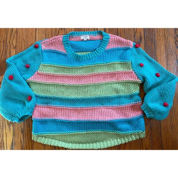 Umgee USA Block Cable Knit Fun Sweater Women’s Small Pom Poms - Picture 2 of 11